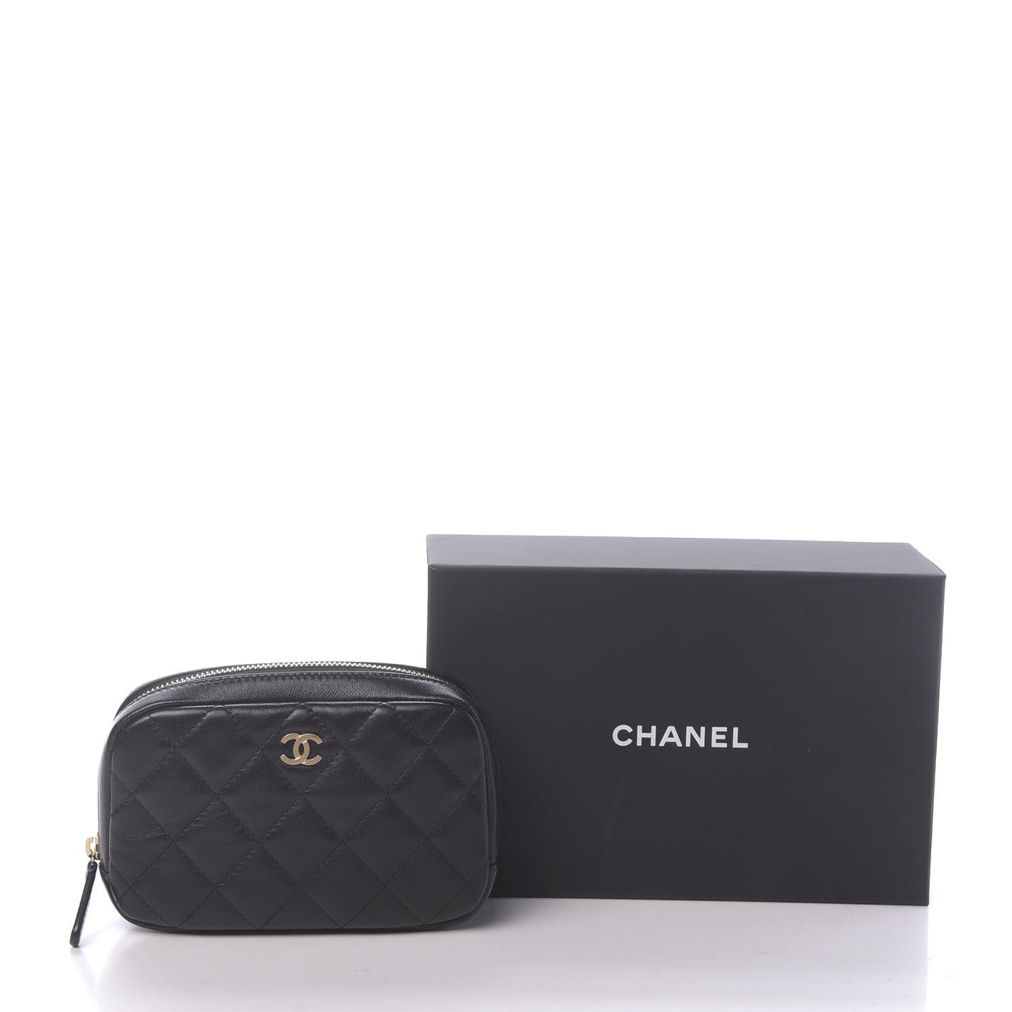Lambskin Quilted Small Curvy Pouch Cosmetic Case Black