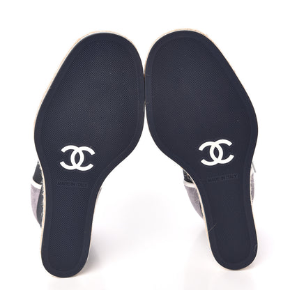 Chanel Silk Crepe Suede Calfskin Lace Up Wedge Espadrilles 36.5 Navy Grey 5 of 8