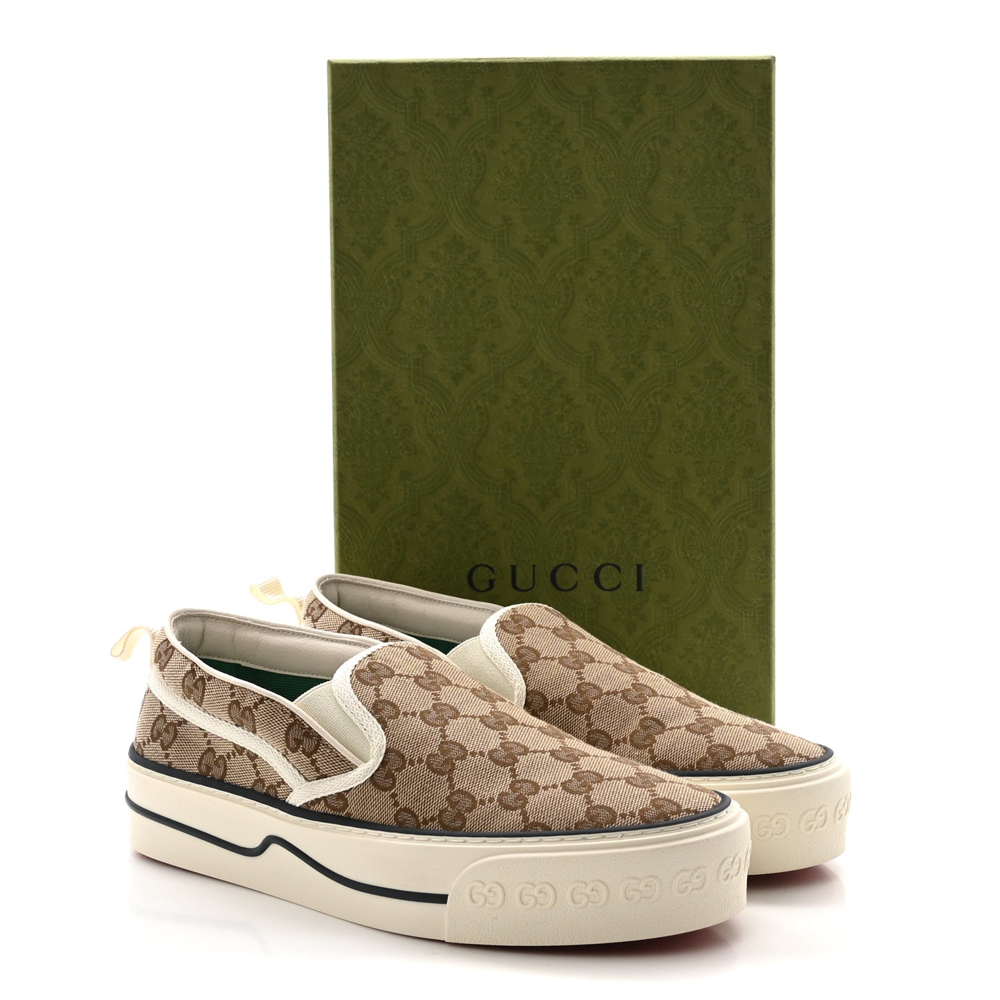 GG Monogram Womens 1977 Tennis Slip On 30mm Sneakers 38.5 Beige Ebony Mystic White