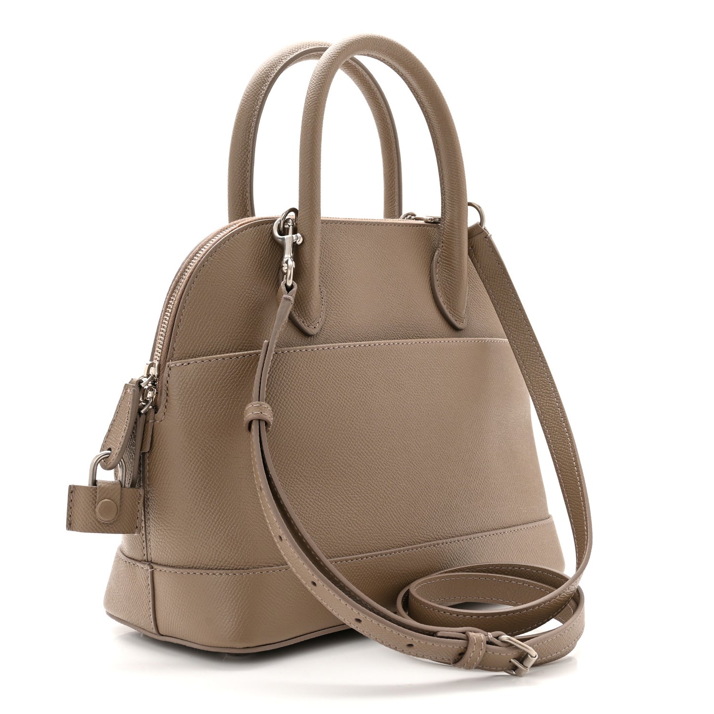 Signature Grained Calfskin Logo S Ville Top Handle Bag Mink Grey White