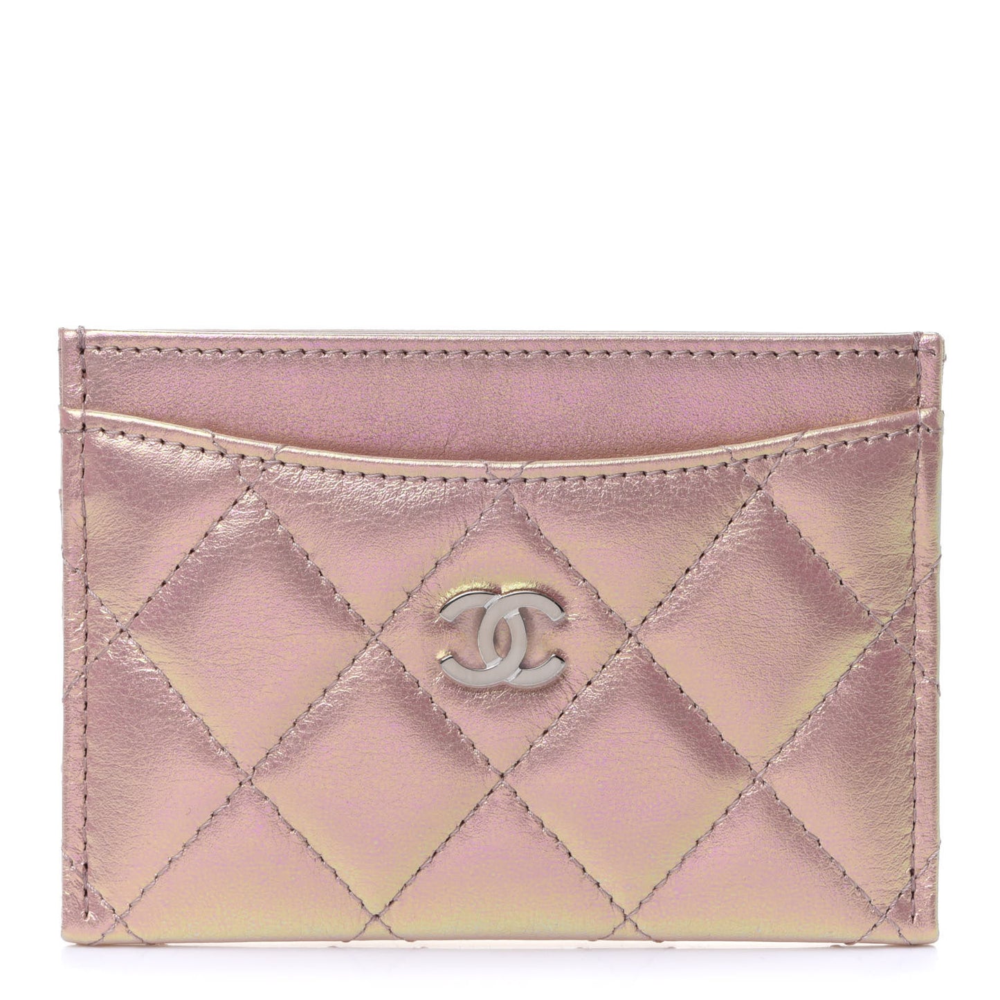 Iridescent Calfskin Quilted Card Holder Pink