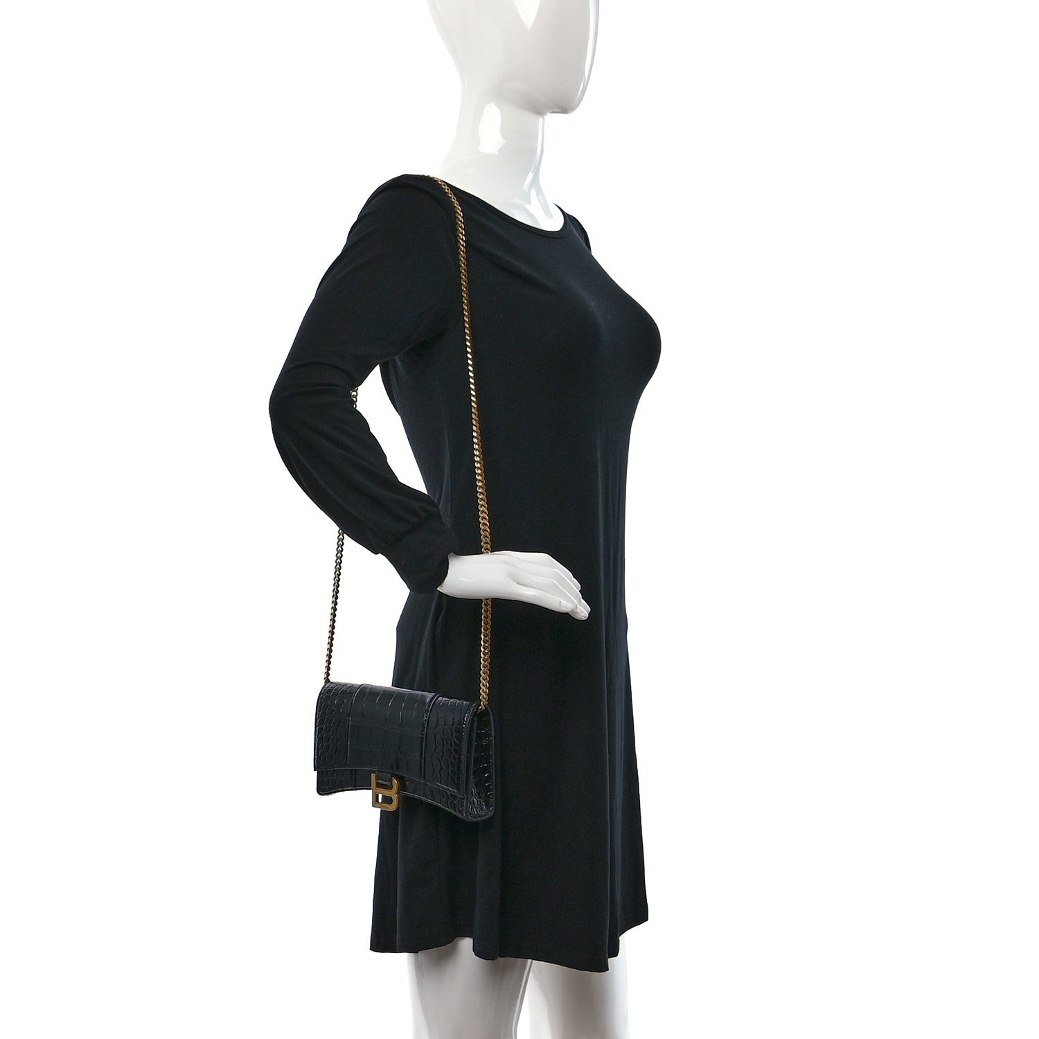 Balenciaga Shiny Calfskin Crocodile Embossed Hourglass Chain Bag Black 2 of 12