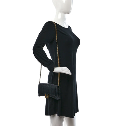 Balenciaga Shiny Calfskin Crocodile Embossed Hourglass Chain Bag Black 2 of 12