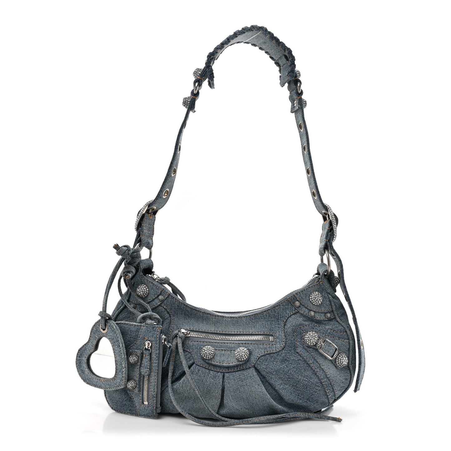 Washed Frayed Denim Crystal Small Le Cagole Shoulder Bag Blue