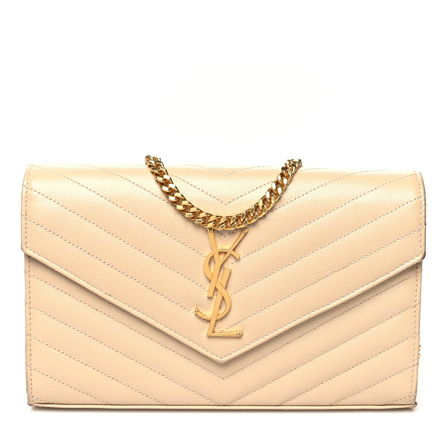 Saint Laurent Grain De Poudre Matelasse Chevron Cassandre Chain Wallet Deep Beige 1 of 10