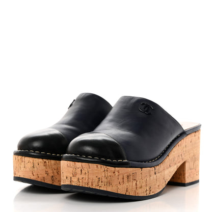 Chanel Calfskin Cork Cap Toe Clogs 36.5 Navy Blue Black 3 of 8