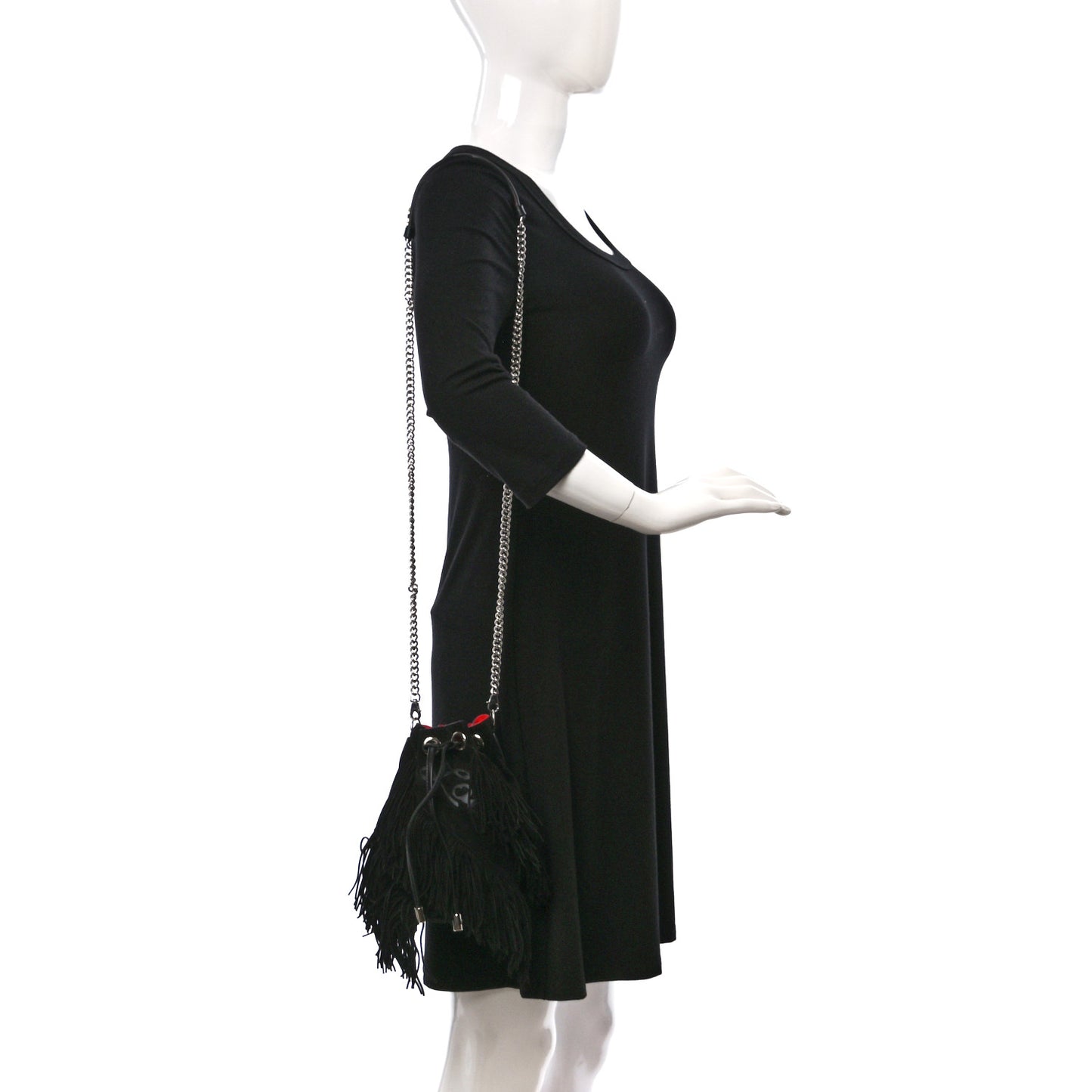 Suede Calfskin Fringe Marie Jane Bucket Black