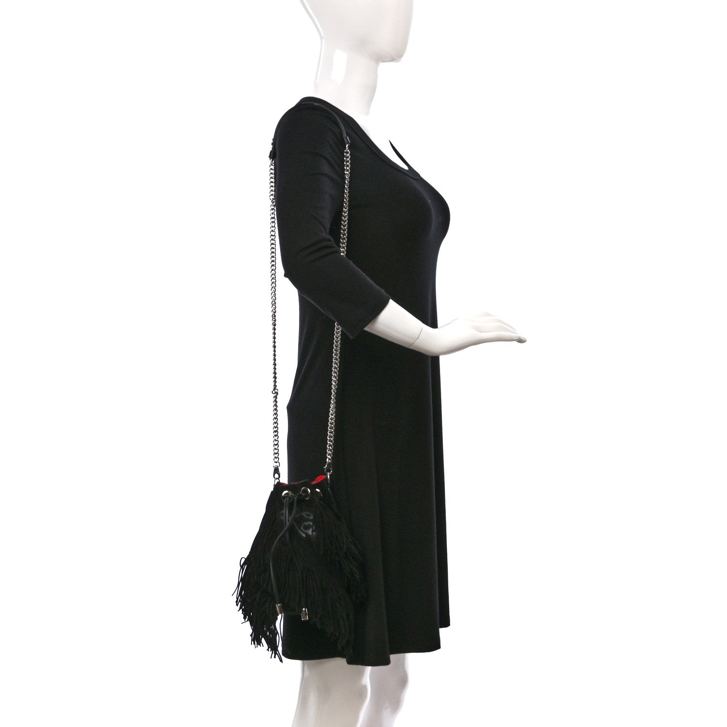Christian Louboutin Suede Calfskin Fringe Marie Jane Bucket Black 2 of 8