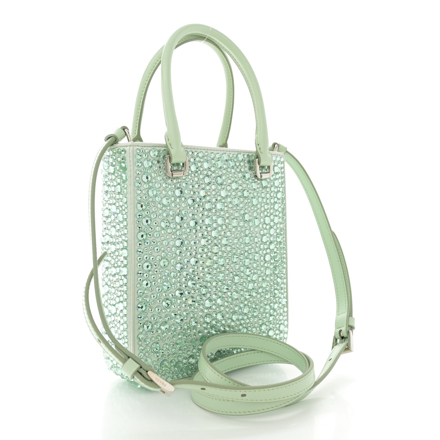 Prada Satin Crystal Metal Triangle Logo Small Double Handle Crossbody Tote Acqua 3 of 11