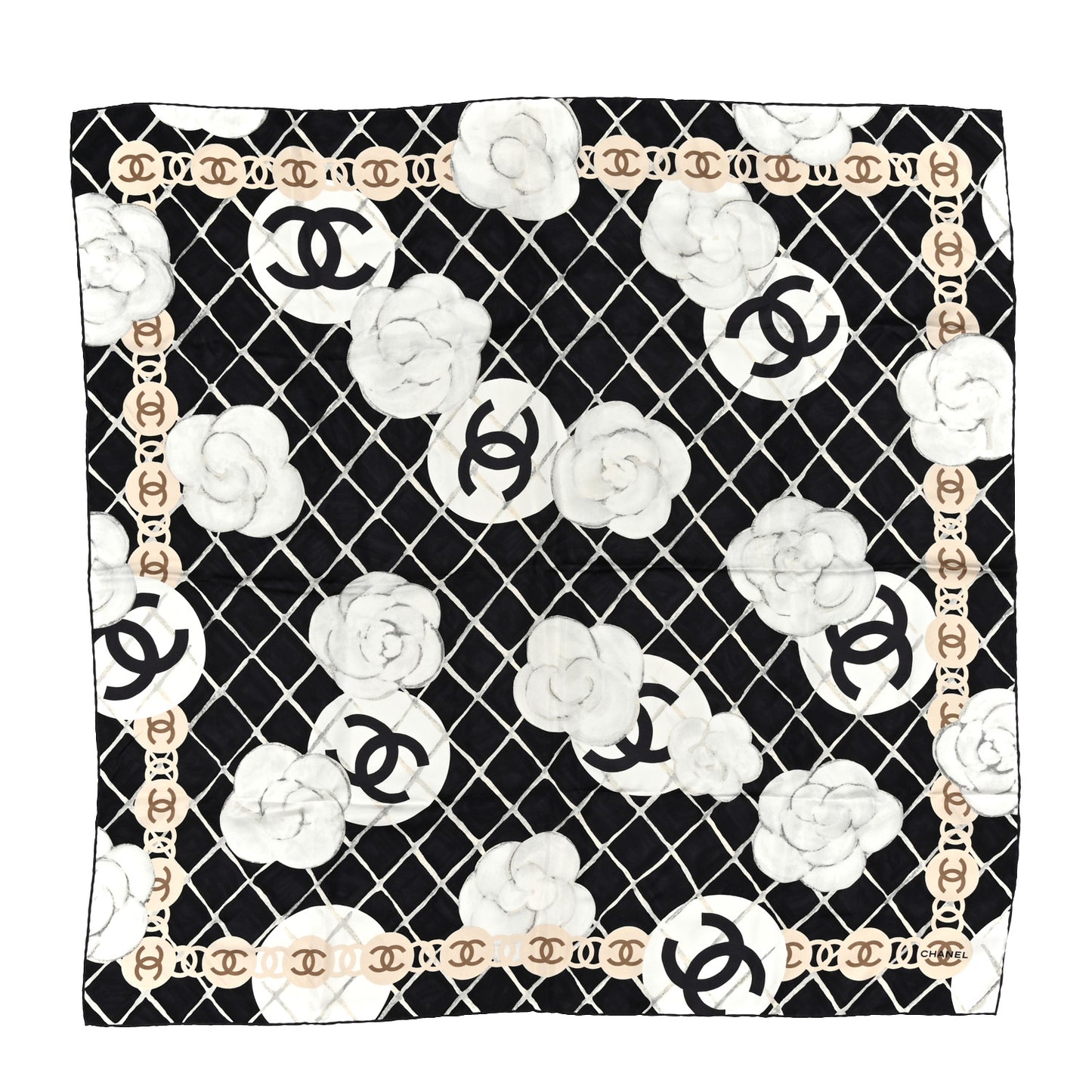 Silk Camellia CC Square Scarf Black