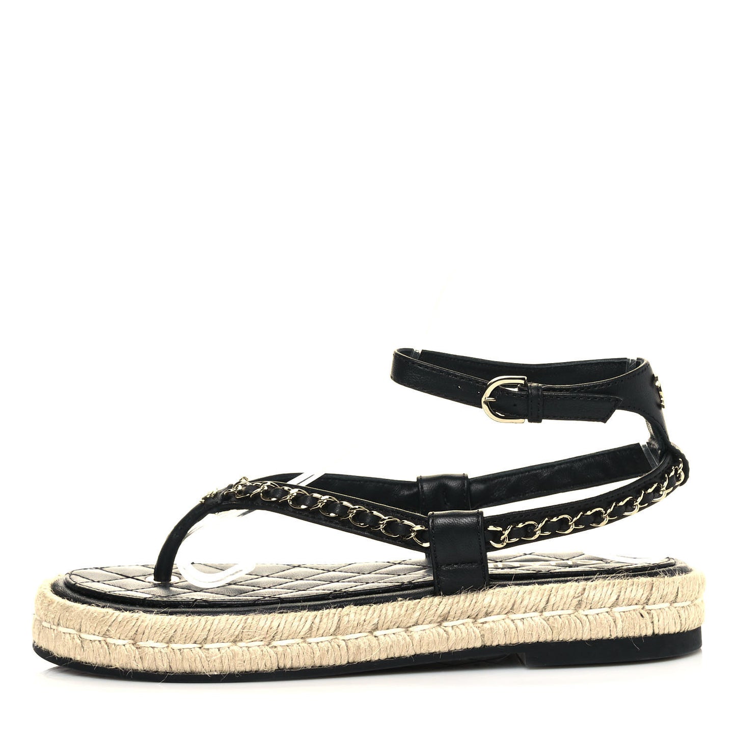 Lambskin Chain CC Thong Espadrille Sandals 37 Black
