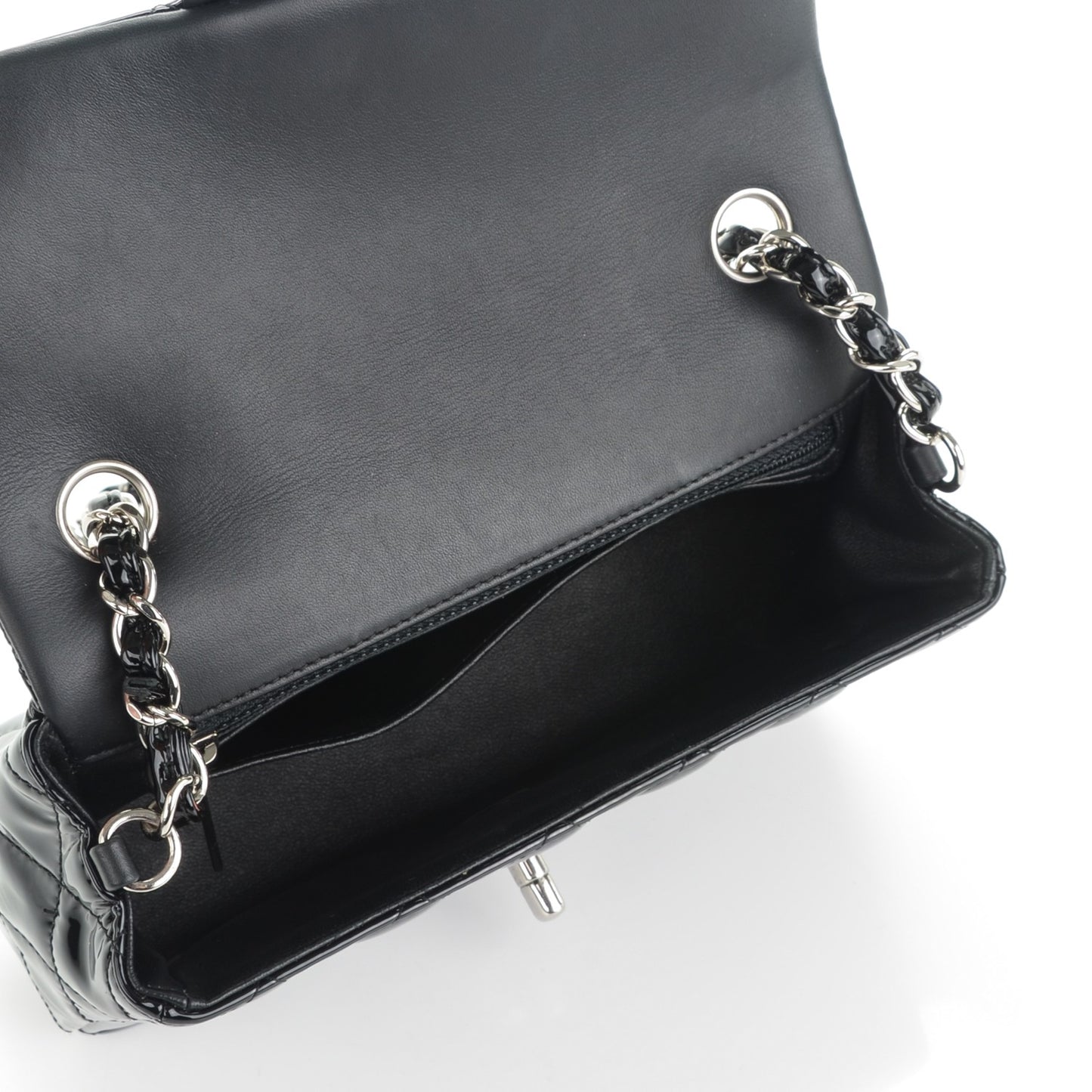 Patent Calfskin Quilted Mini Rectangular Flap Black