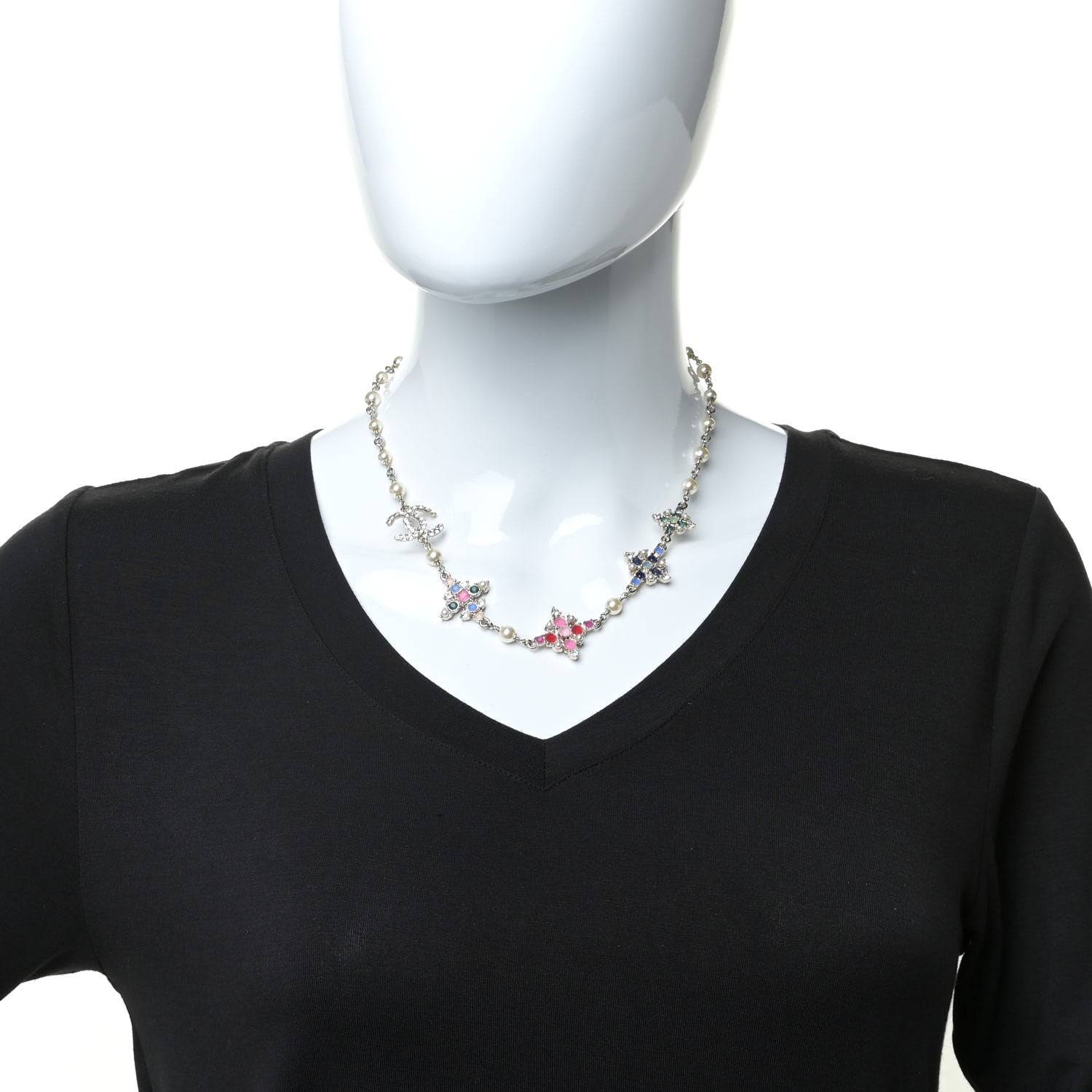 Chanel Pearl Crystal CC Necklace Light Gold Multicolor 2 of 6