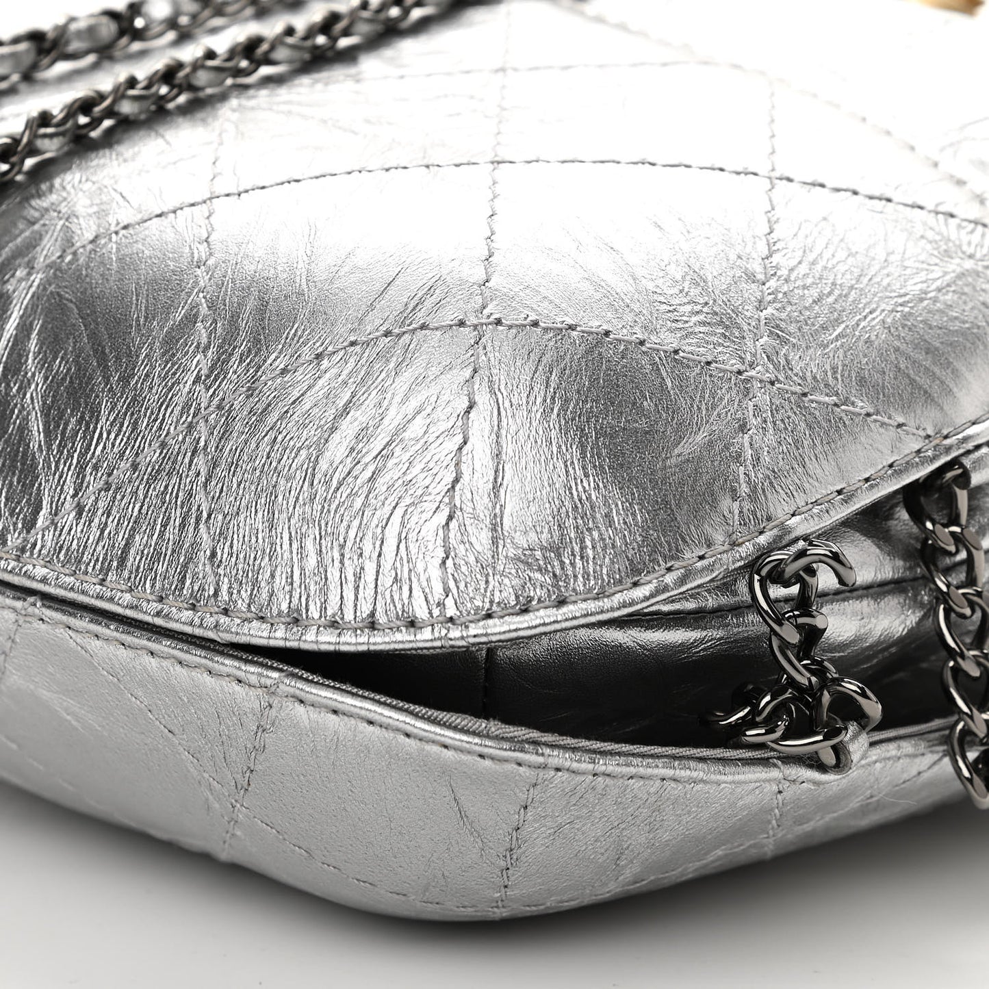 Metallic Aged Calfskin Quilted Small Gabrielle Bucket Silver