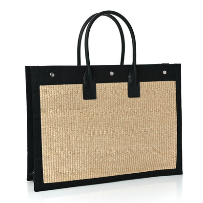 Saint Laurent Raffia Linen Calfskin Rive Gauche Tote Naturale Black 2 of 8