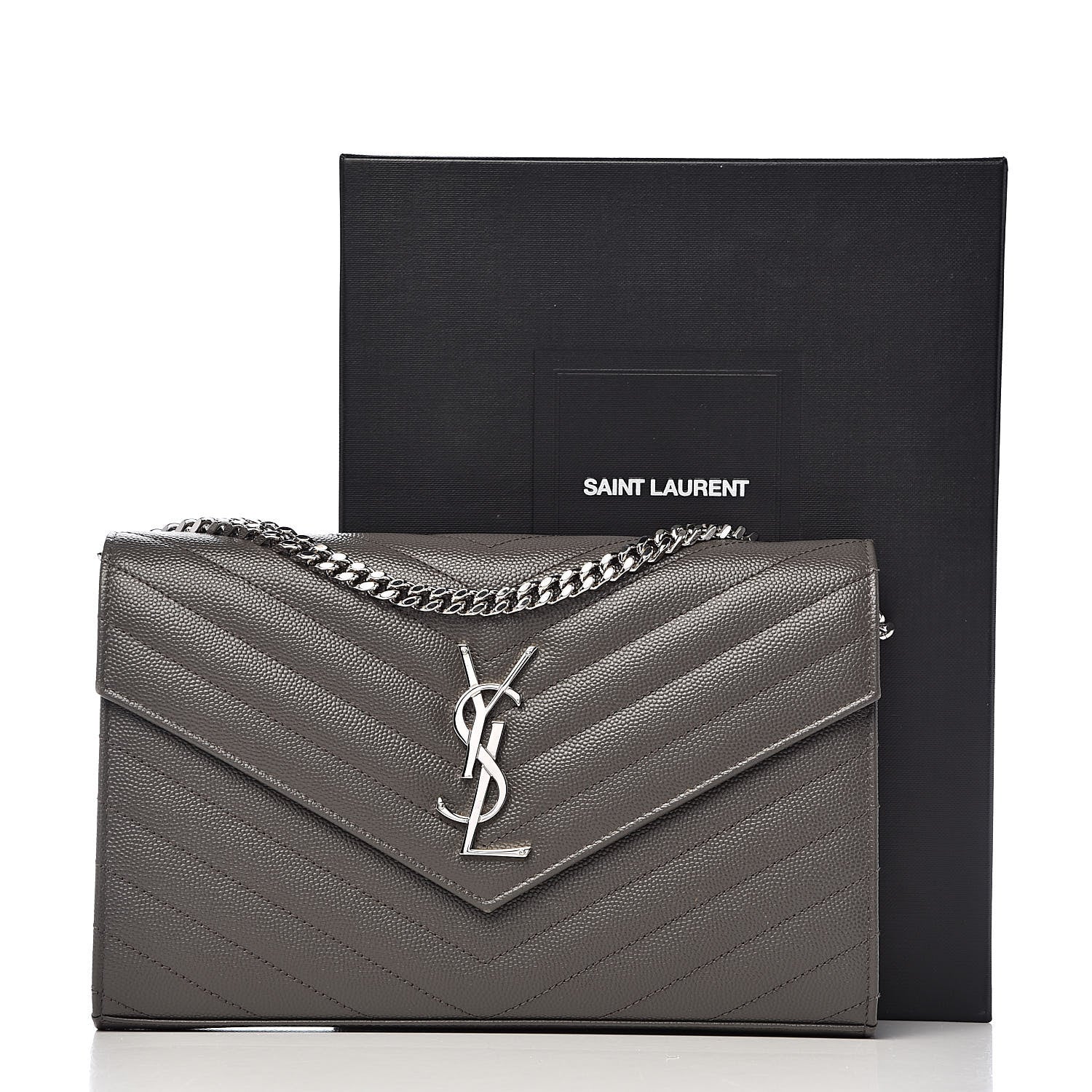 Saint Laurent Grain De Poudre Matelasse Chevron Monogram Chain Wallet Earth 10 of 10
