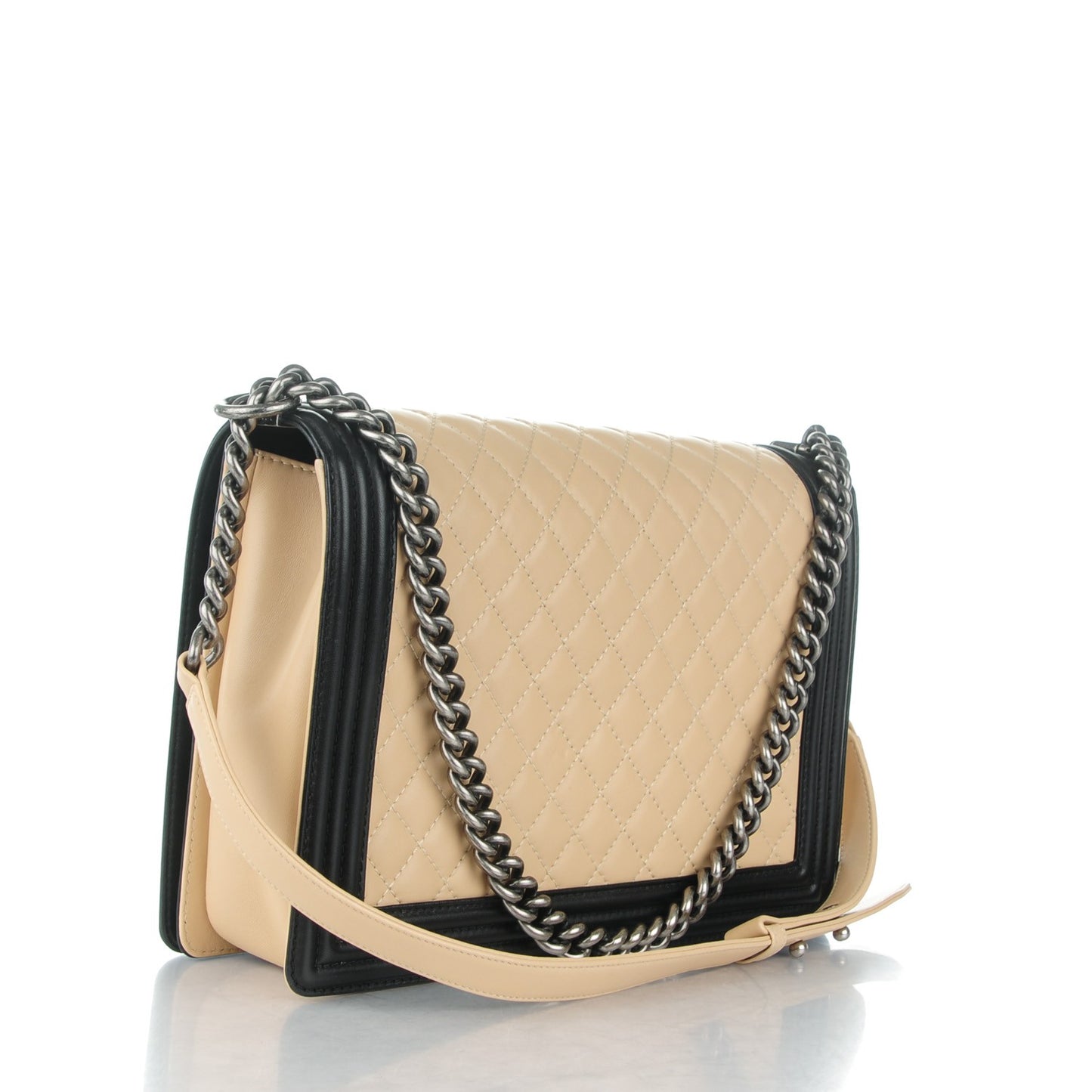 Lambskin Quilted Large Boy Flap Beige Black