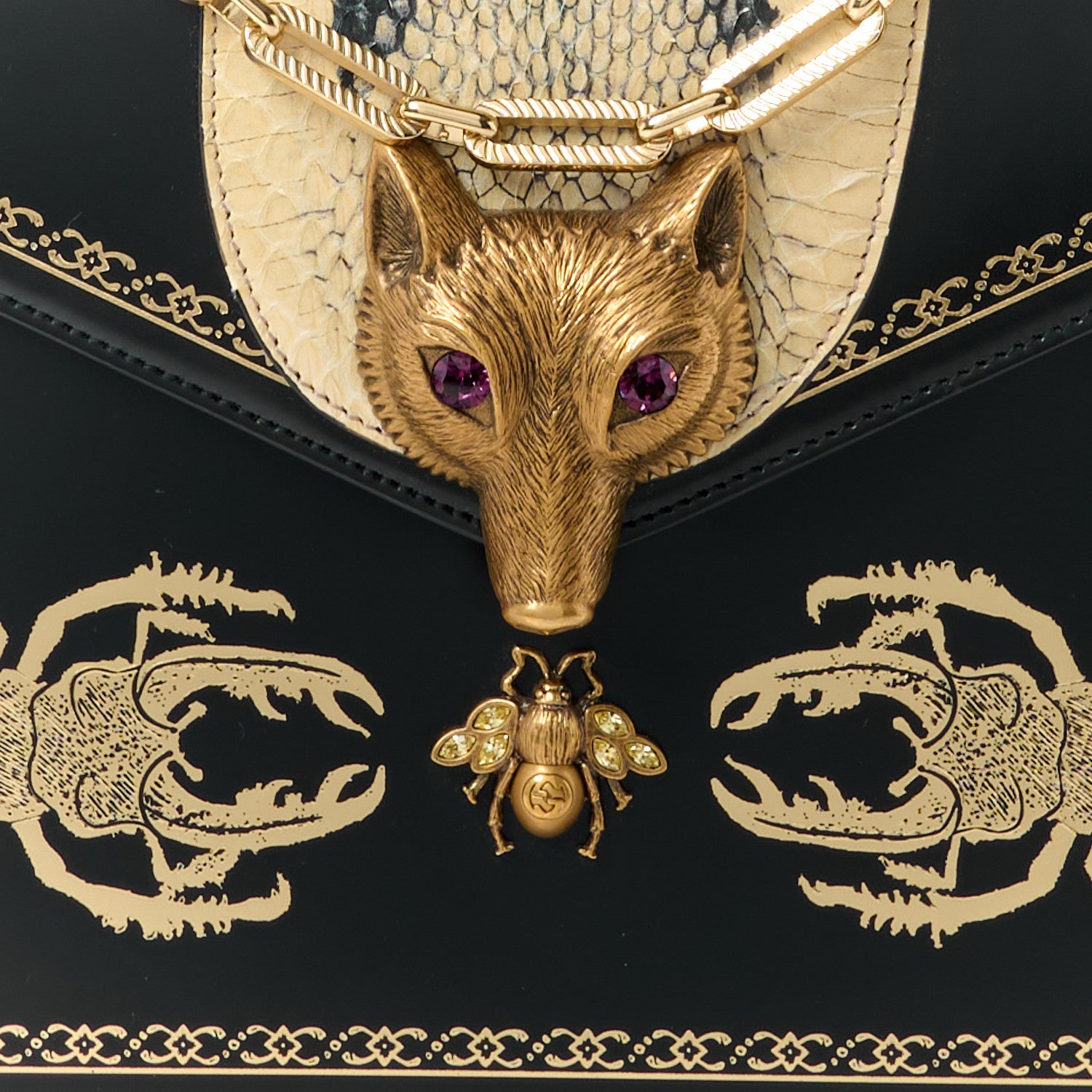 Gucci Glossy Calfskin Snakeskin Beetle Print Large Fox Broche Bamboo Top Handle Bag Black 9 of 11