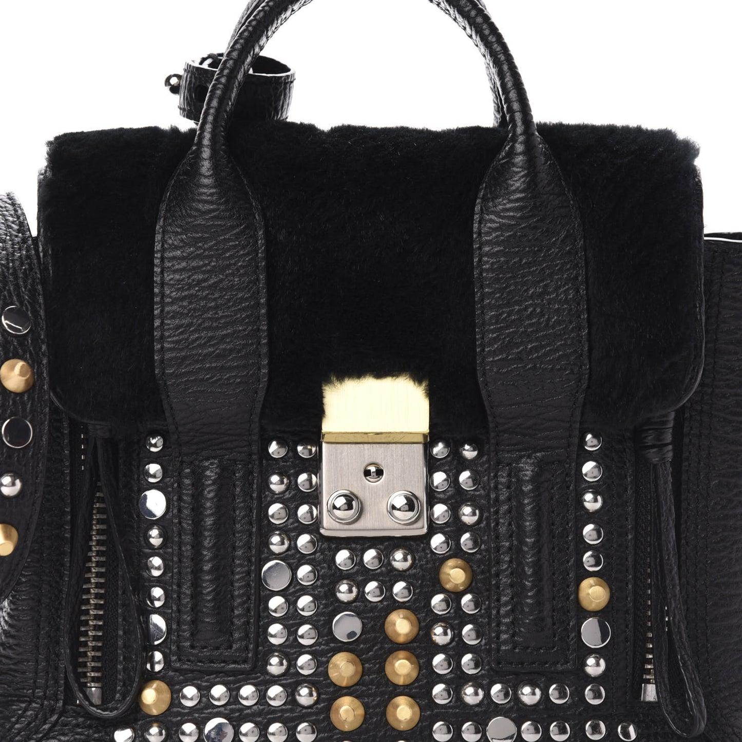 3.1 Textured Calfskin Shearling Studded Mini Pashli Satchel Black