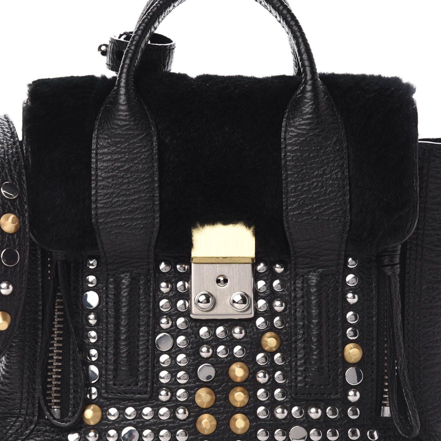 3.1 Phillip Lim 3.1 Textured Calfskin Shearling Studded Mini Pashli Satchel Black 9 of 9