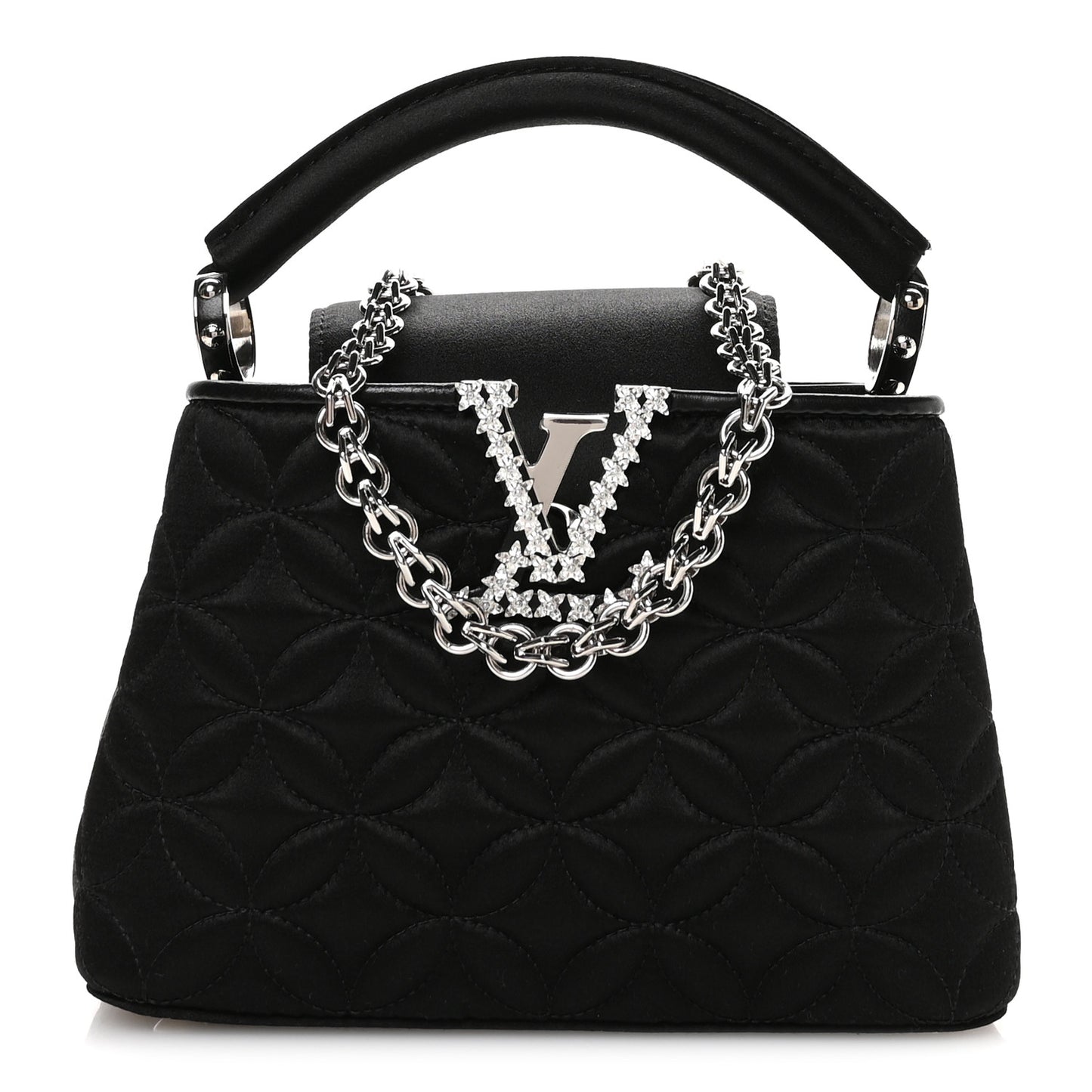 Satin Quilted Flower Crystal Mini Capucines Black