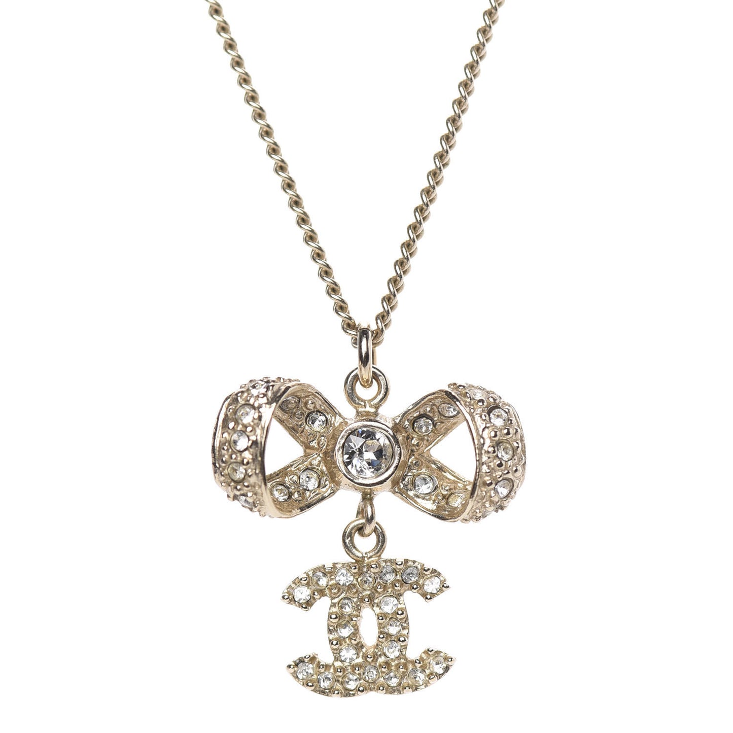 Metal Crystal CC Bow Drop Necklace Gold