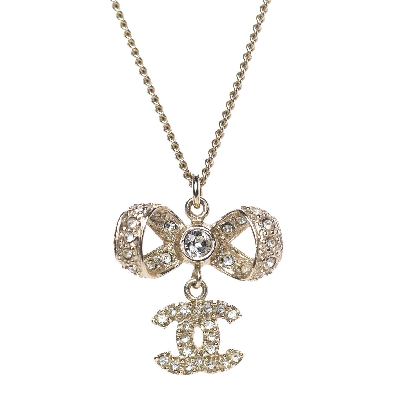 Chanel Metal Crystal CC Bow Drop Necklace Gold 3 of 4