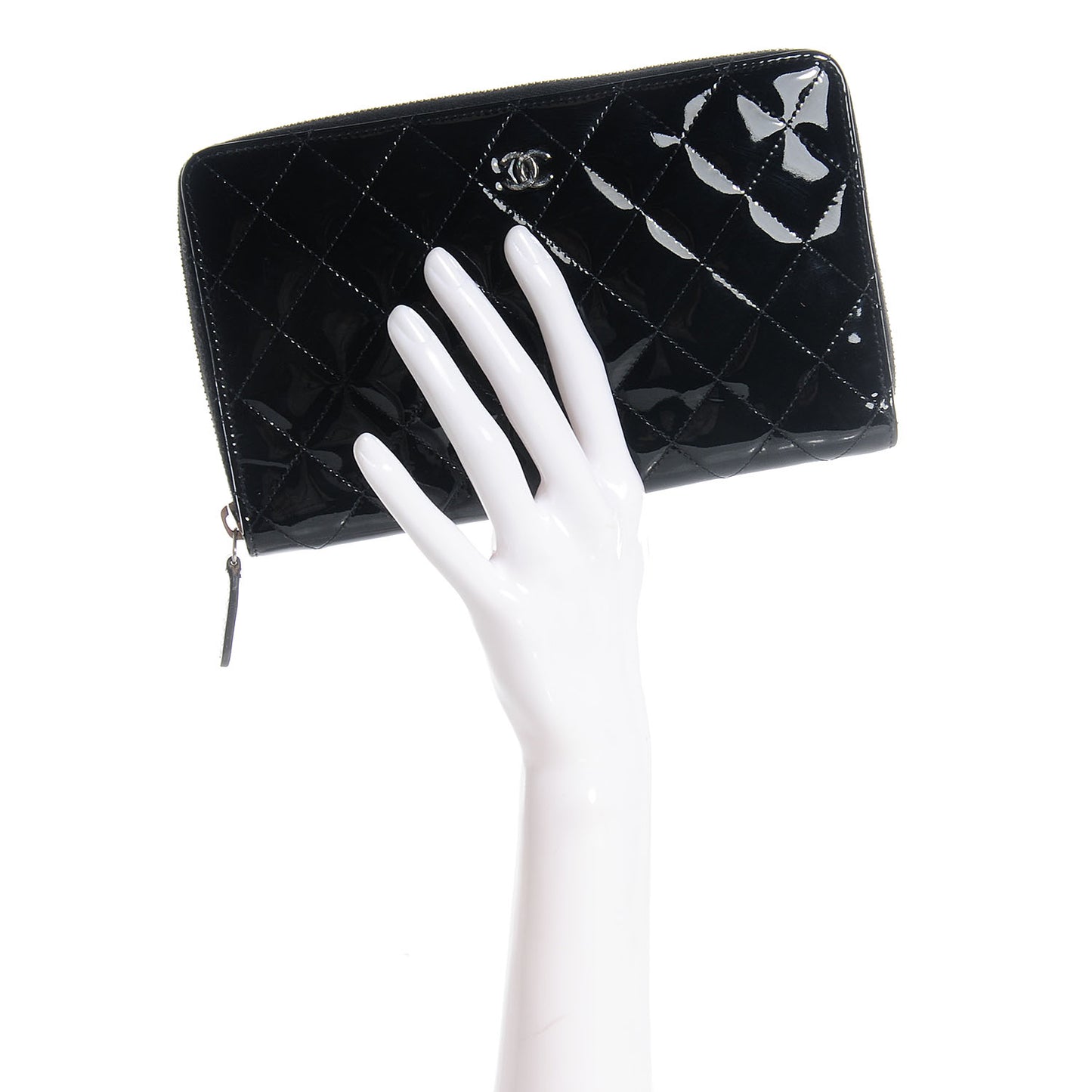 Patent Quilted Large Zip Around Organizer Wallet Black