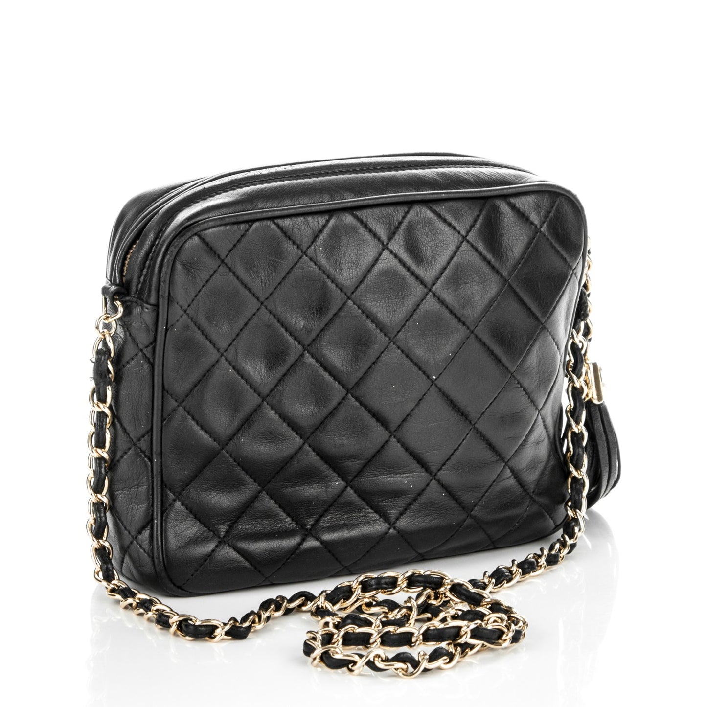 Lambskin Quilted Tassel Camera Case Black