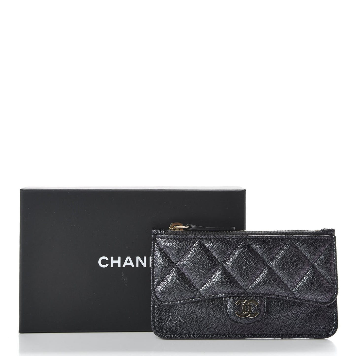 Iridescent Caviar Quilted Flap Zip Card Holder Black