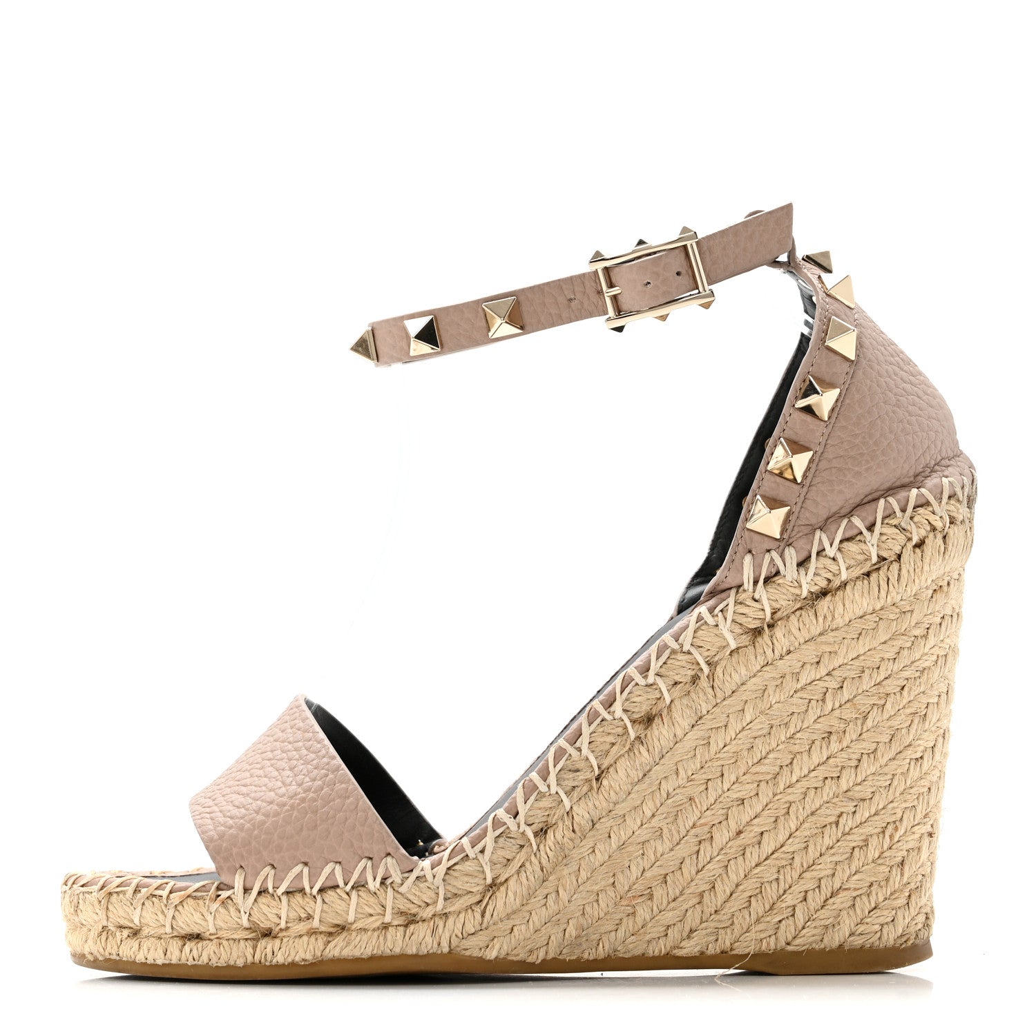Valentino Garavani Grained Calfskin Rockstud Ankle Strap Espadrille 15/105mm Wedge Sandals 35 Rose Quartz Natural 1 of 13