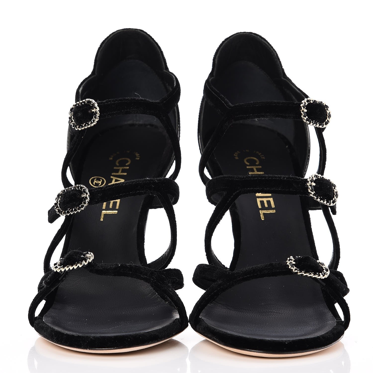 Chanel Velvet Patent Buckle CC Sandals 38.5 Black 2 of 8