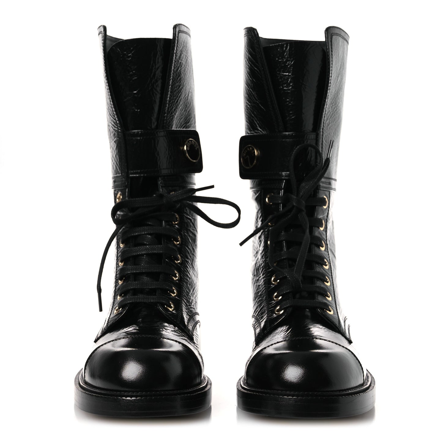 Shiny Calfskin Lace Up Combat Boots 38.5 Black