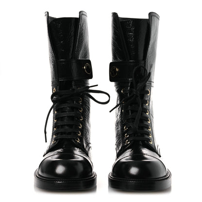 Chanel Shiny Calfskin Lace Up Combat Boots 38.5 Black 3 of 10