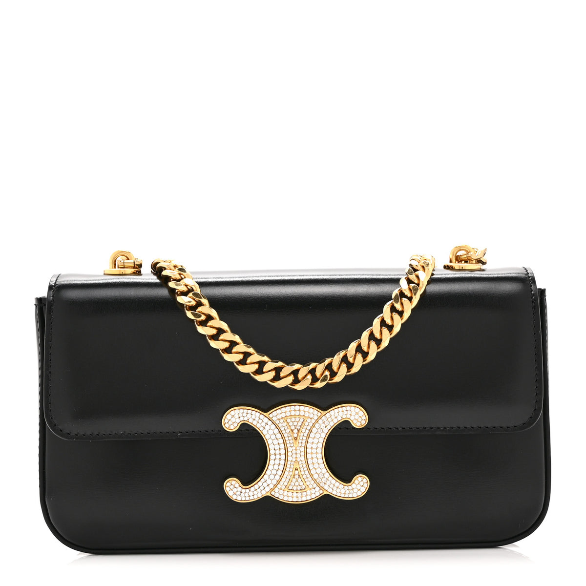 Shiny Calfskin Triomphe Crystals Chain Shoulder Bag Black