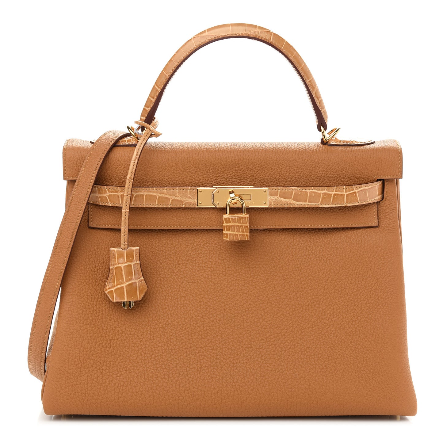 Togo Shiny Niloticus Crocodile Kelly Retourne Touch 32 Caramel Tabac Camel