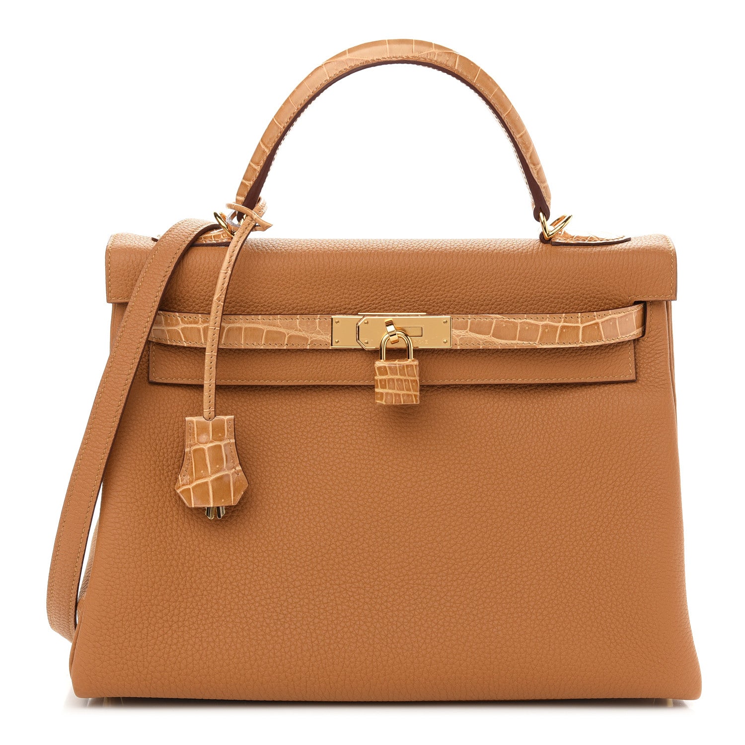 Hermes Togo Shiny Niloticus Crocodile Kelly Retourne Touch 32 Caramel Tabac Camel 1 of 10