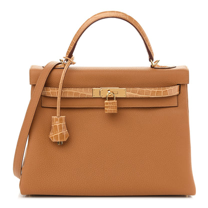 Hermes Togo Shiny Niloticus Crocodile Kelly Retourne Touch 32 Caramel Tabac Camel 1 of 10