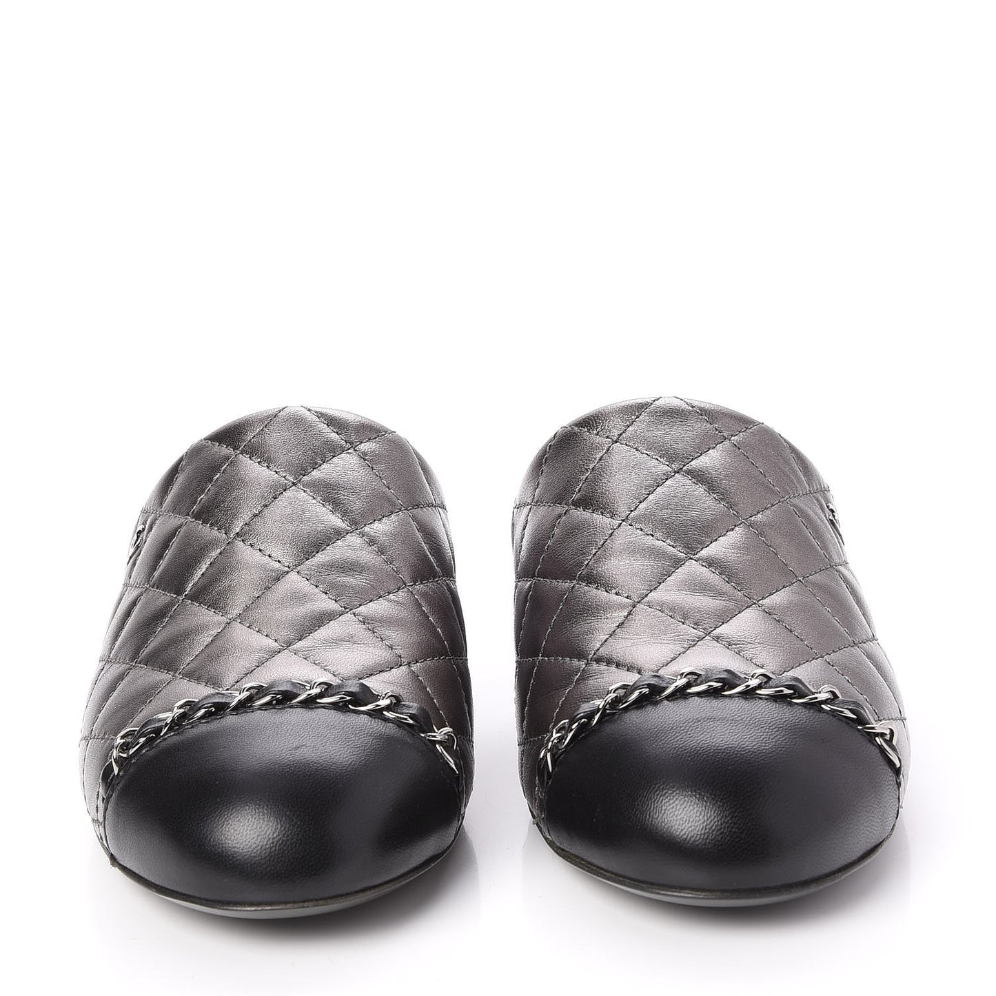 Iridescent Lambskin Quilted CC Chain Mules 37.5 Silver Black