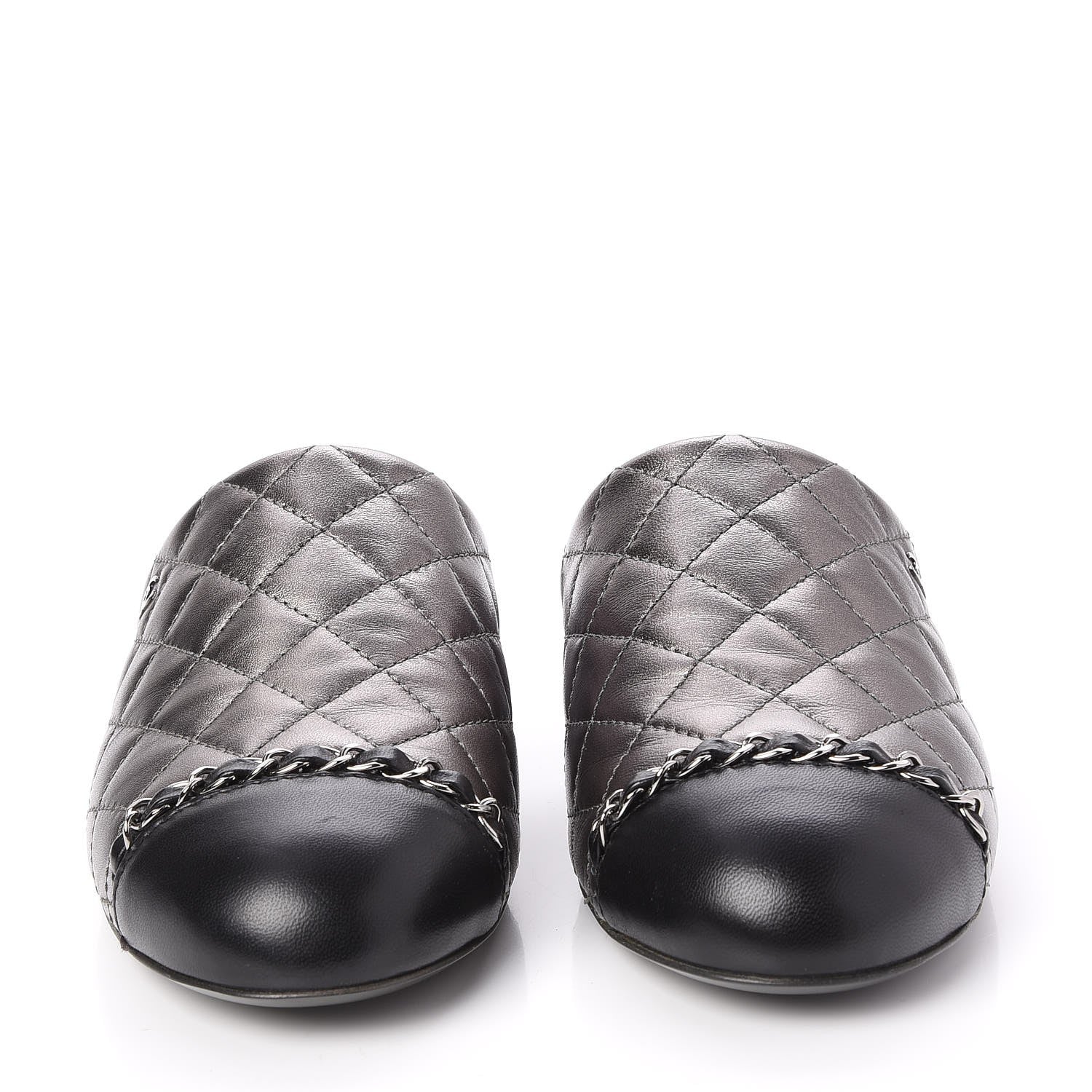 Chanel Iridescent Lambskin Quilted CC Chain Mules 37.5 Silver Black 2 of 10