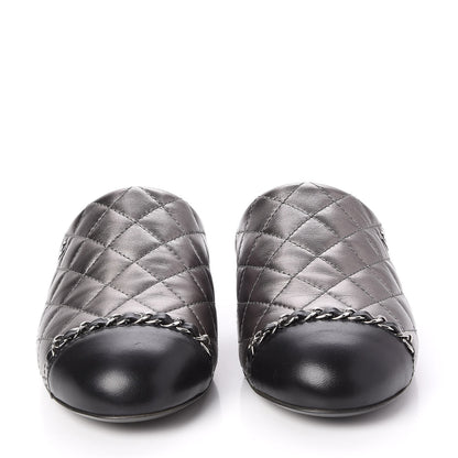 Chanel Iridescent Lambskin Quilted CC Chain Mules 37.5 Silver Black 2 of 10