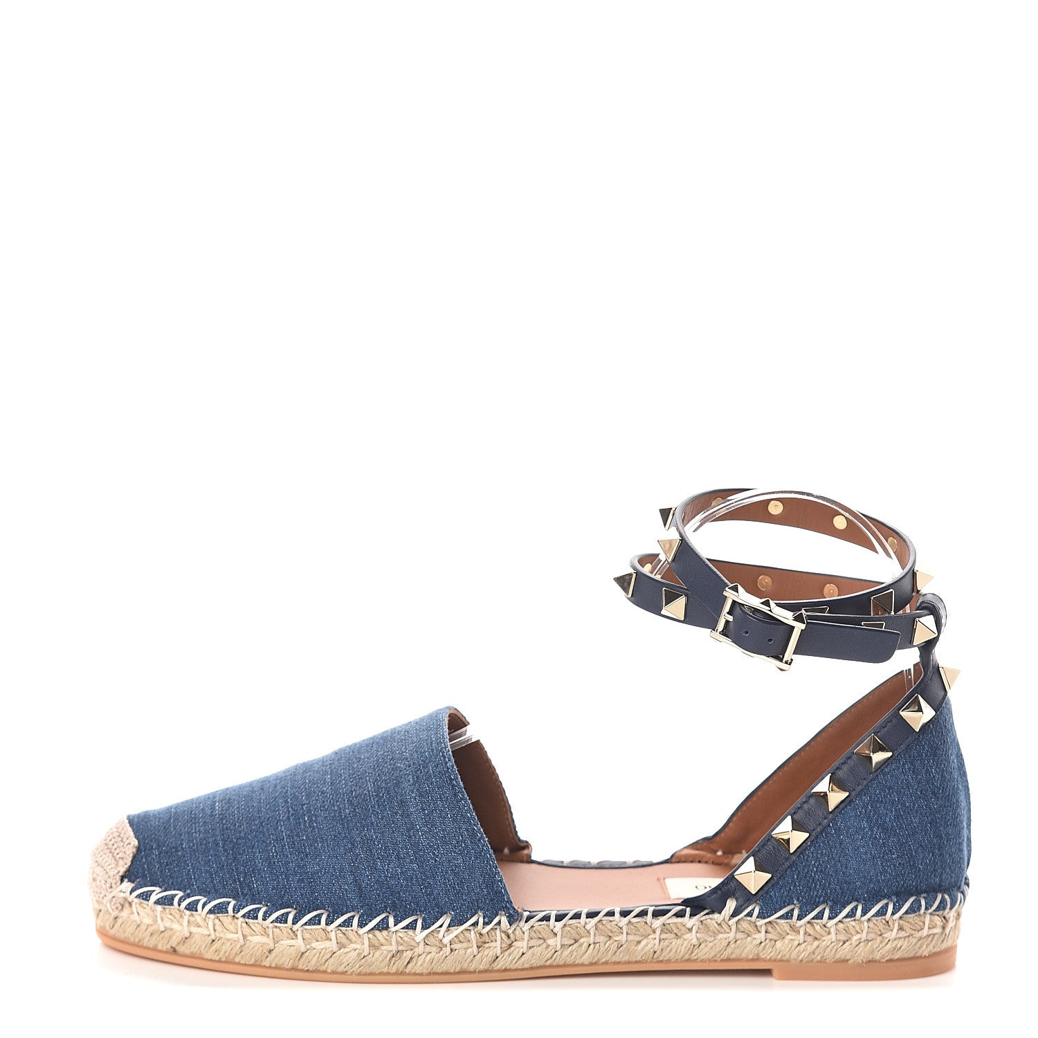 Valentino Garavani Denim Rockstud Ankle Wrap Espadrille 20mm Flats 37 Light Denim 1 of 7