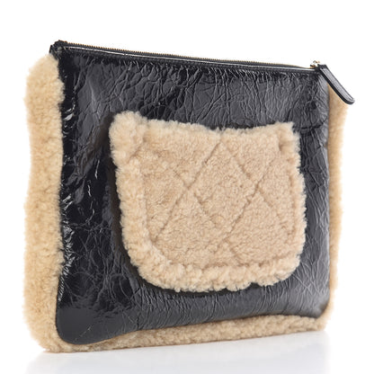 Chanel Shiny Crumpled Sheepskin Shearling Medium Cosmetic Case Black Beige 3 of 9