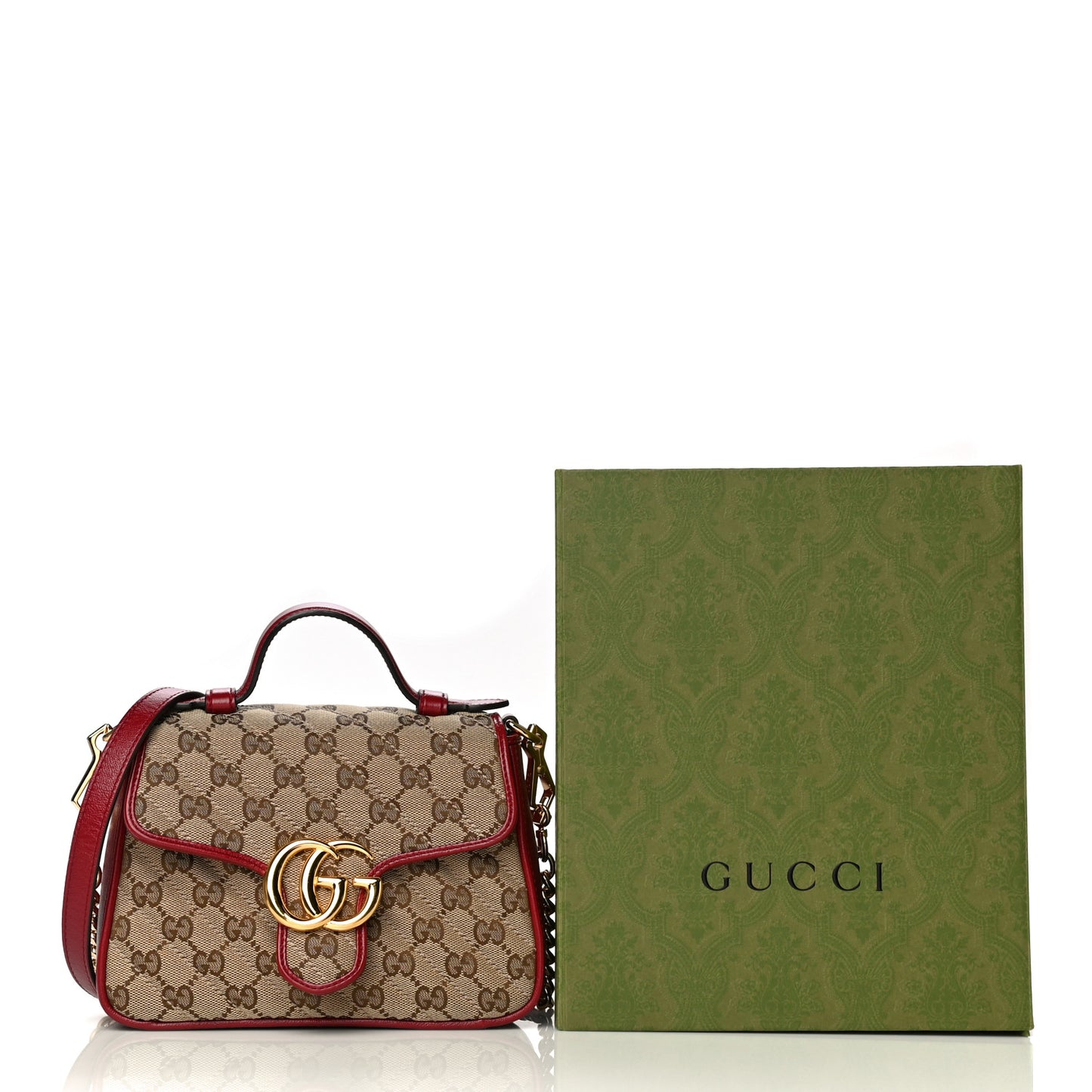 Monogram Glazed Calfskin Matelasse Diagonal Mini GG Marmont Top Handle Shoulder Bag Beige Ebony New Cherry Red