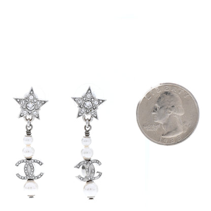 Chanel Crystal Pearl CC Star Drop Earrings Silver 2 of 5