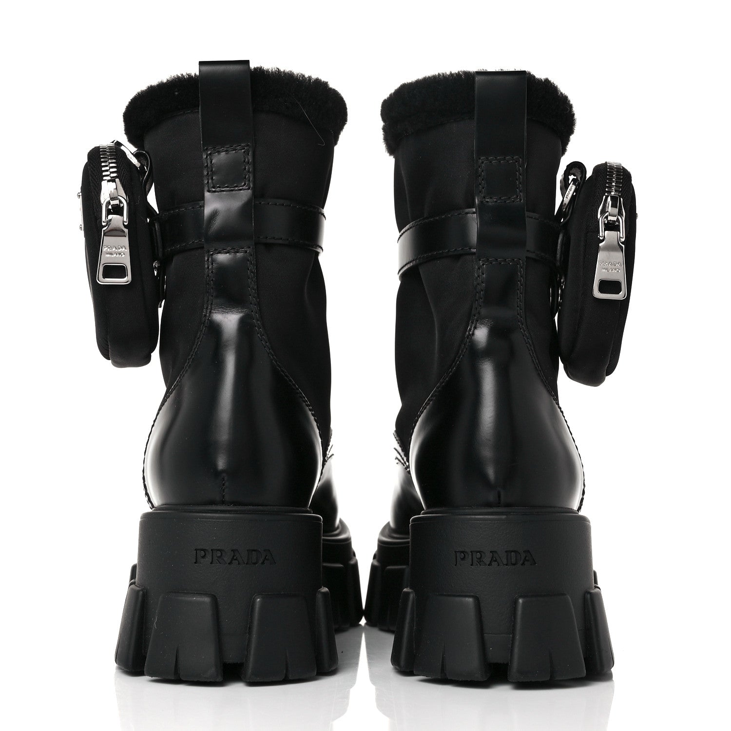 Prada Spazzolato Rois Nylon Shearling Metal Triangle Logo Monolith Pouch Pocket 55mm Boots 36.5 Black 5 of 8
