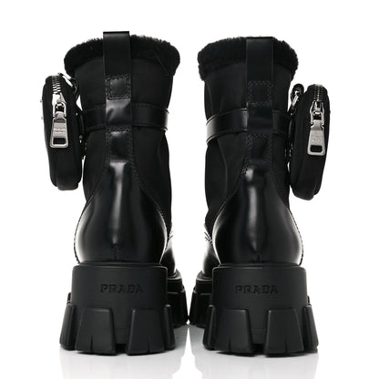 Prada Spazzolato Rois Nylon Shearling Metal Triangle Logo Monolith Pouch Pocket 55mm Boots 36.5 Black 5 of 8