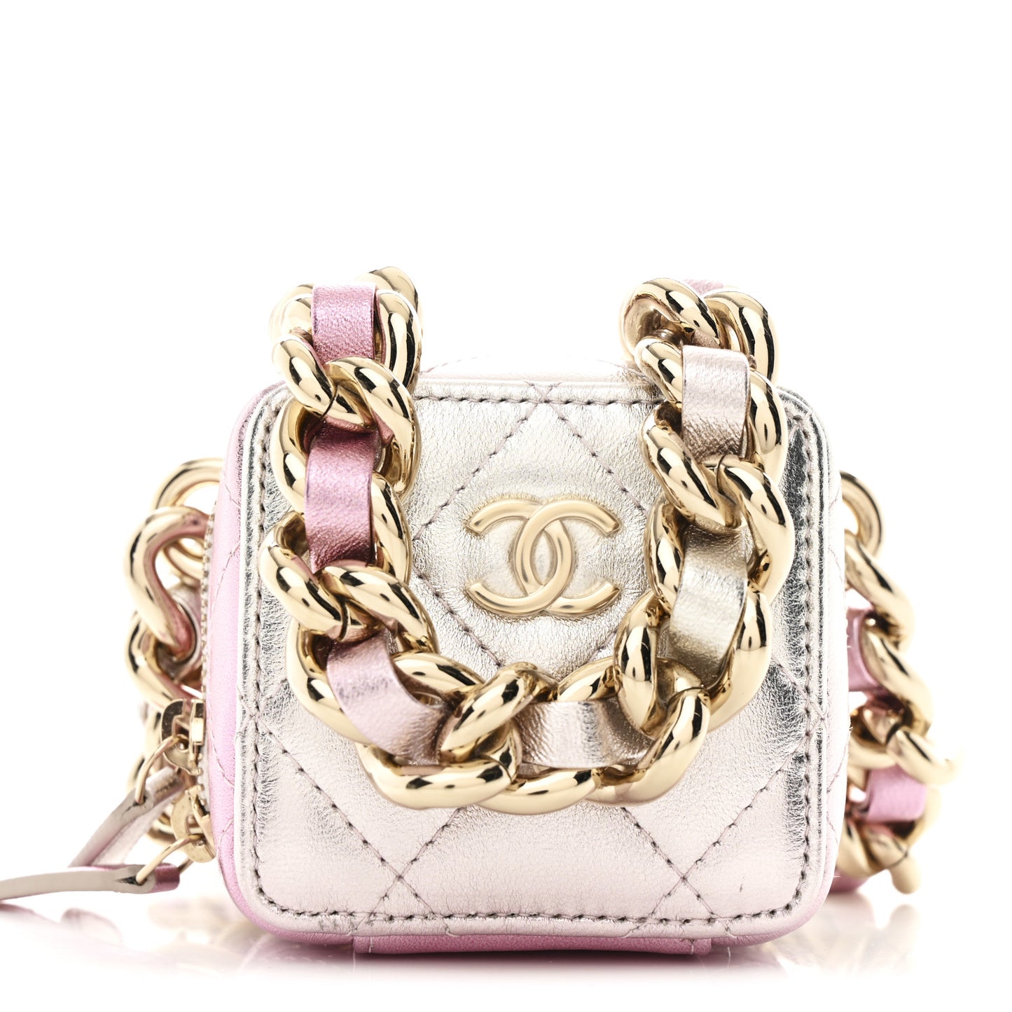 Gradient Metallic Lambskin Quilted Like A Wallet Clutch With Chain Gold Pink