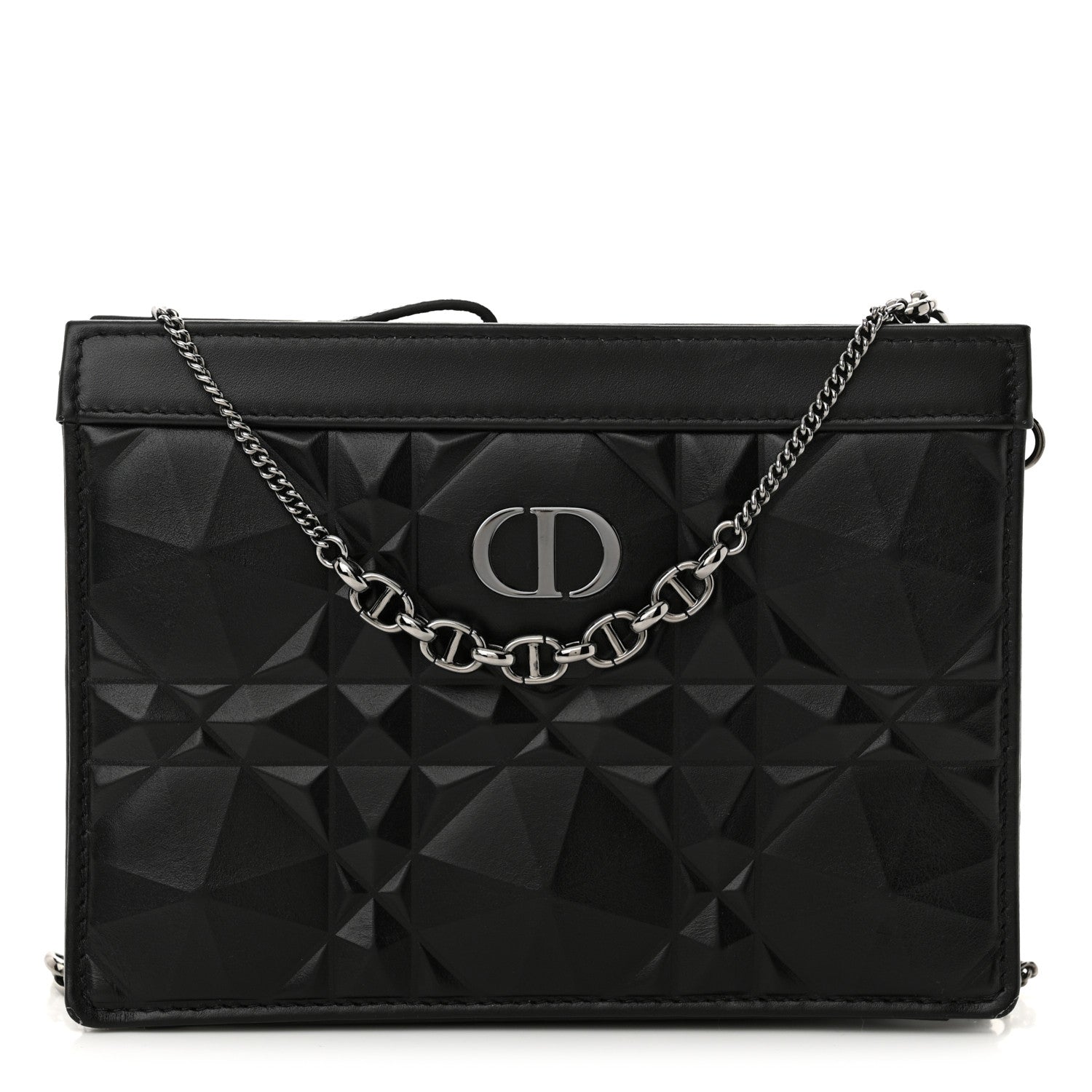 Christian Dior Calfskin Macrocannage Diamond Caro Zipped Pouch With Chain Black 1 of 13