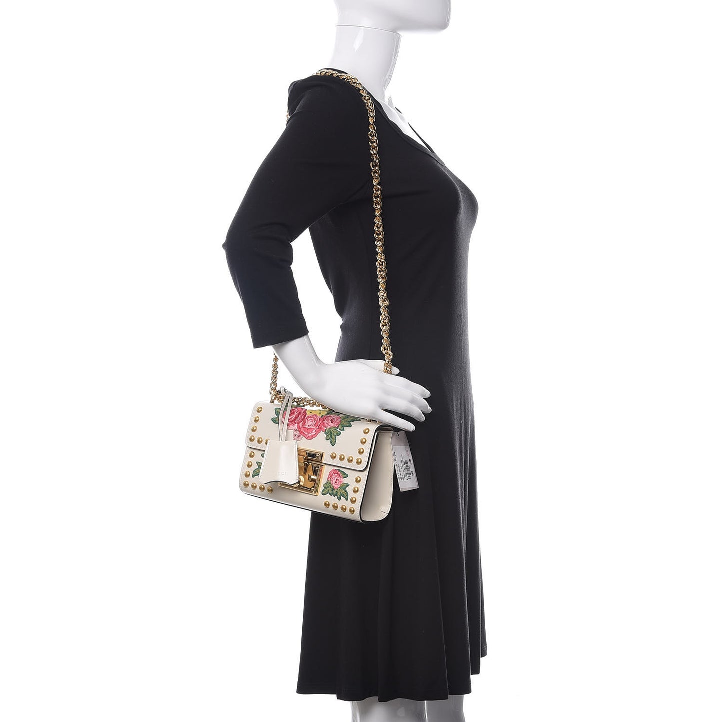 Calfskin Floral Embroidered Small Padlock Shoulder Bag White